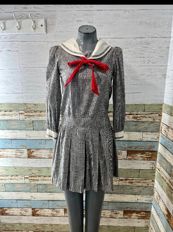 60s Black & Gray Drop Waist Checker Long Sleeve Mini Dress With Sailor Collar By Cinderella Comfortable One-Shoulder Mini Dress