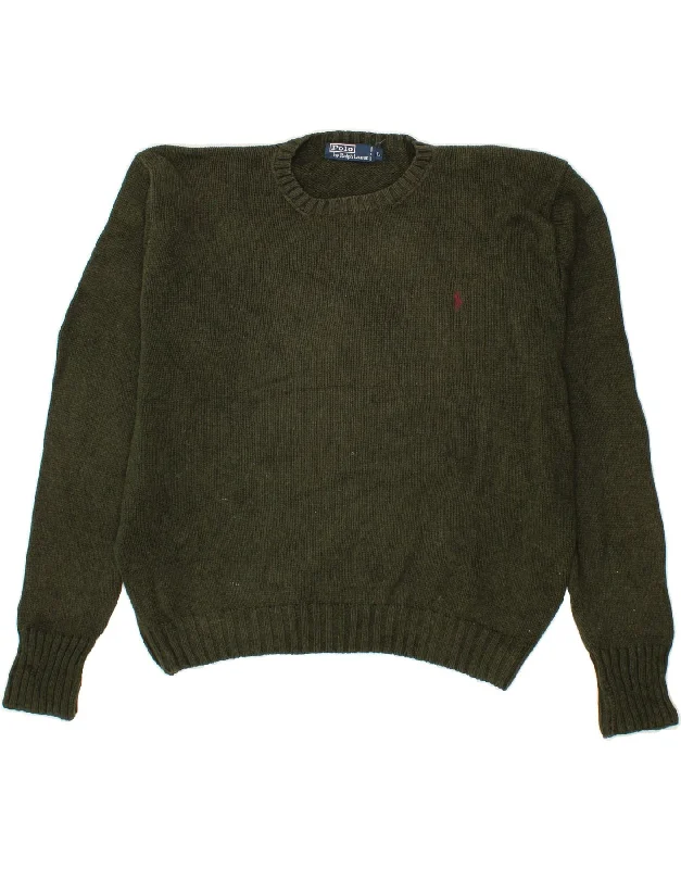 POLO RALPH LAUREN Mens Crew Neck Jumper Sweater Large Khaki Cotton Fitted Loose Oversized