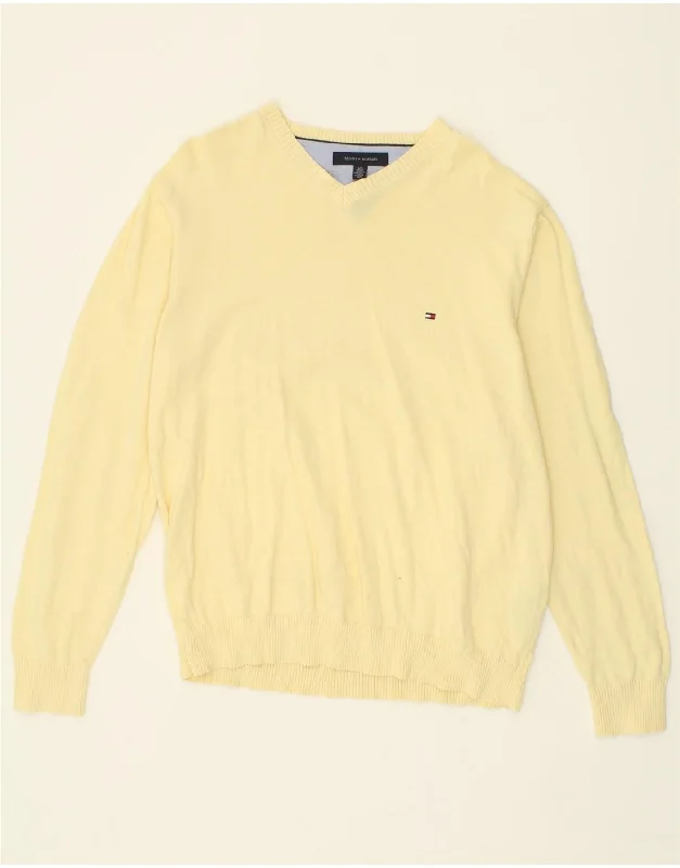 TOMMY HILFIGER Mens V-Neck Jumper Sweater Large Yellow Cotton Transparent Opaque Sheer