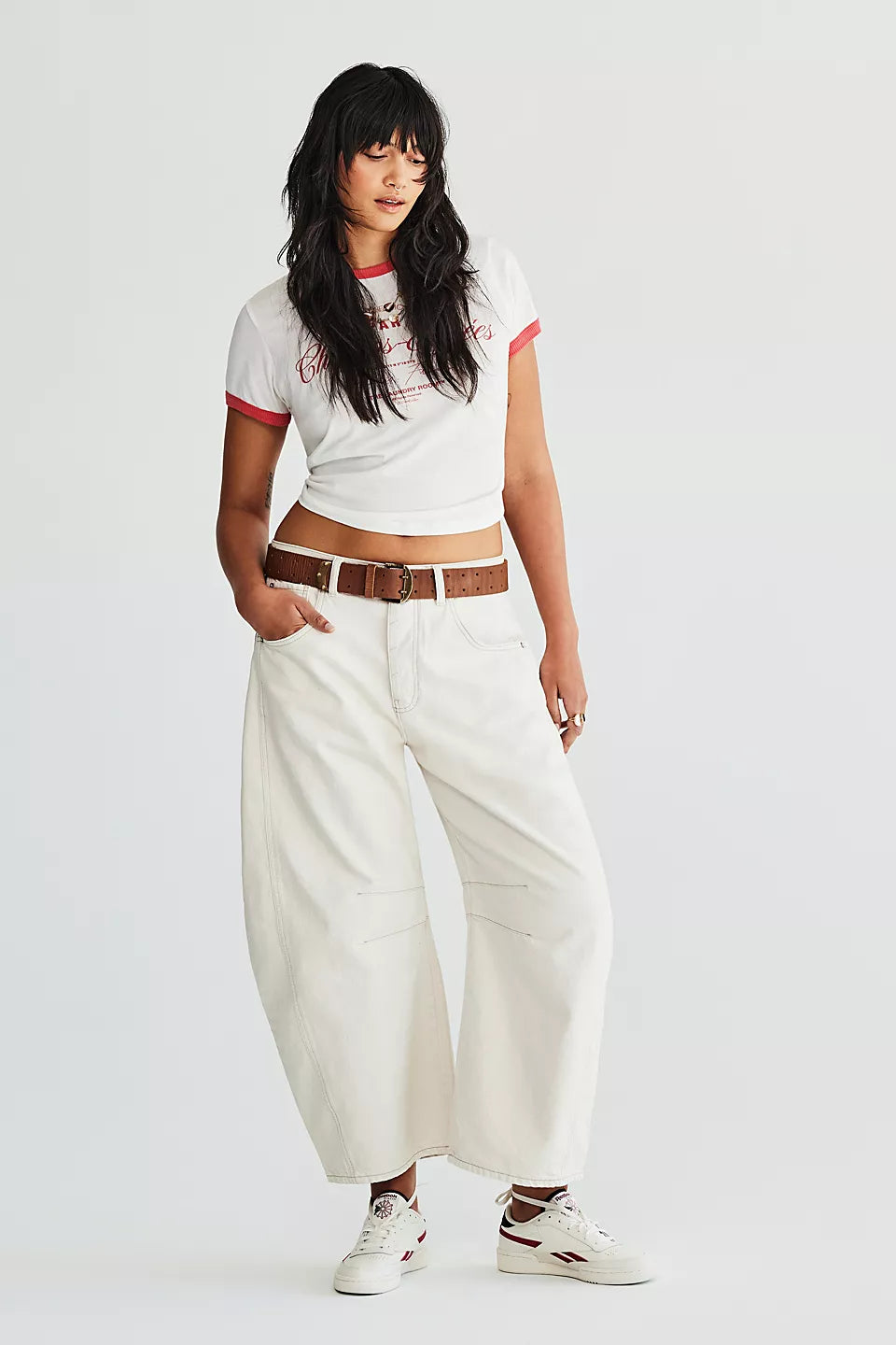 Free People We The Free Good Luck Mid-Rise Barrel Jeans - MILK Trendy Wide-Leg High-Waist Denim