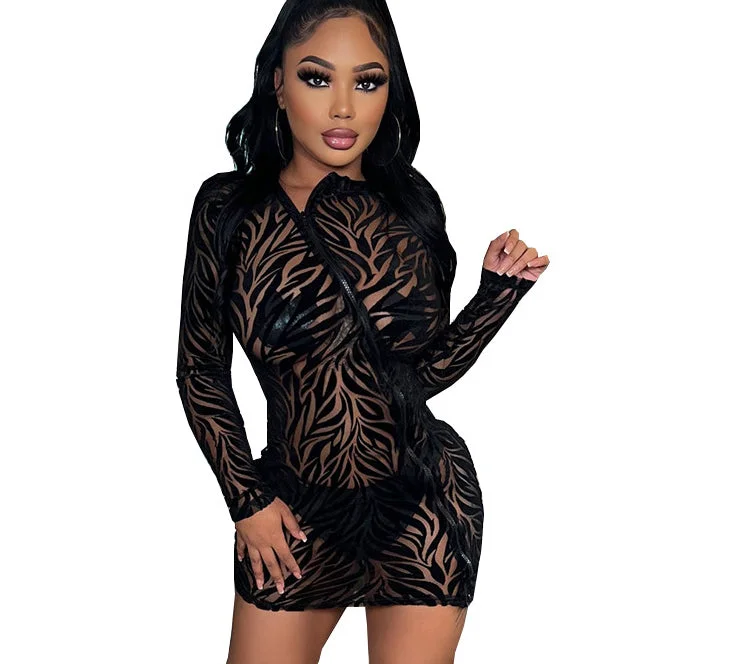 2022 Custom logo Summer Mesh Perspective Design Dresses Long Sleeves Zipper Sexy Dress Irregular Hollow Out Mini Dress For Women Cozy Jersey Mini Dress