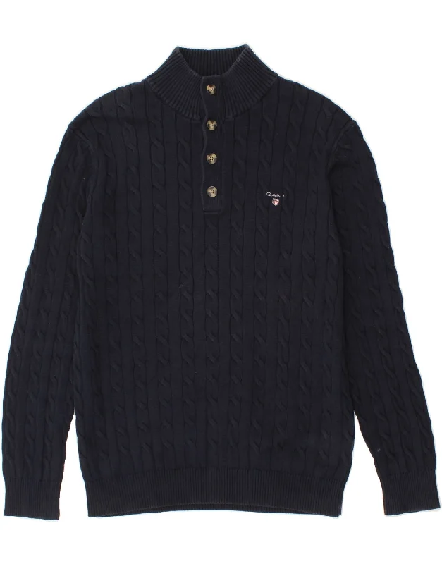 GANT Mens Button Neck Jumper Sweater XL Navy Blue Cotton Notch Collar Peter Pan Collar Cowl Neck