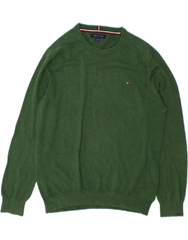 TOMMY HILFIGER Mens Crew Neck Jumper Sweater Large Green Cotton Fleece Fabric Down Fabric Feather Fabric