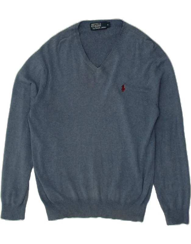 POLO RALPH LAUREN Mens V-Neck Jumper Sweater Small Navy Blue Cotton Velvet Chenille Corduroy