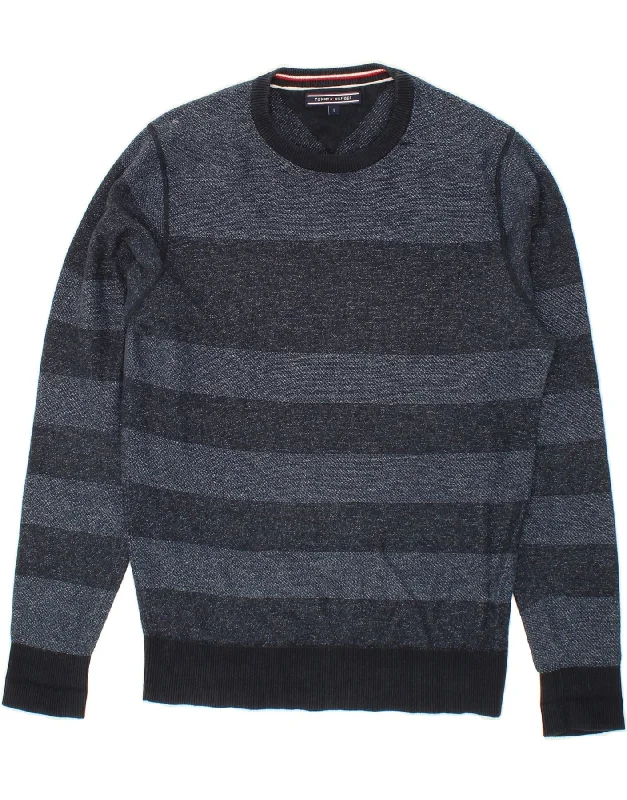 TOMMY HILFIGER Mens Crew Neck Jumper Sweater Small Navy Blue Striped Ribbed Striped Patterned