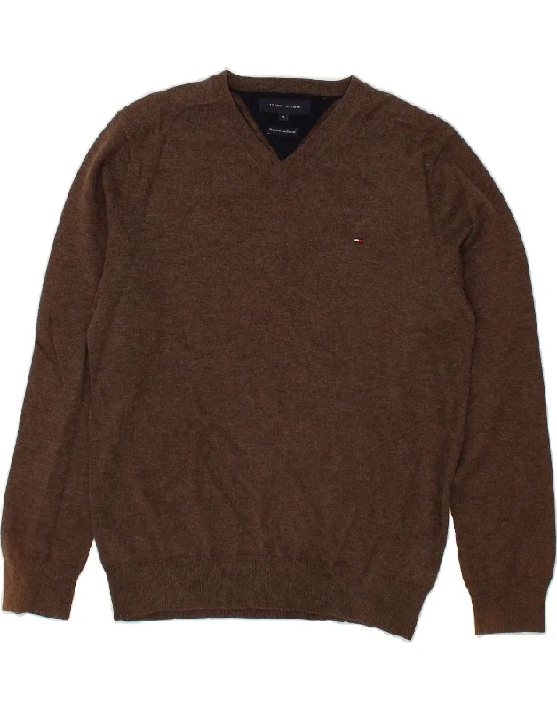 TOMMY HILFIGER Mens V-Neck Jumper Sweater Medium Brown Lambswool Lace Blend Ribbed Blend Corduroy Blend