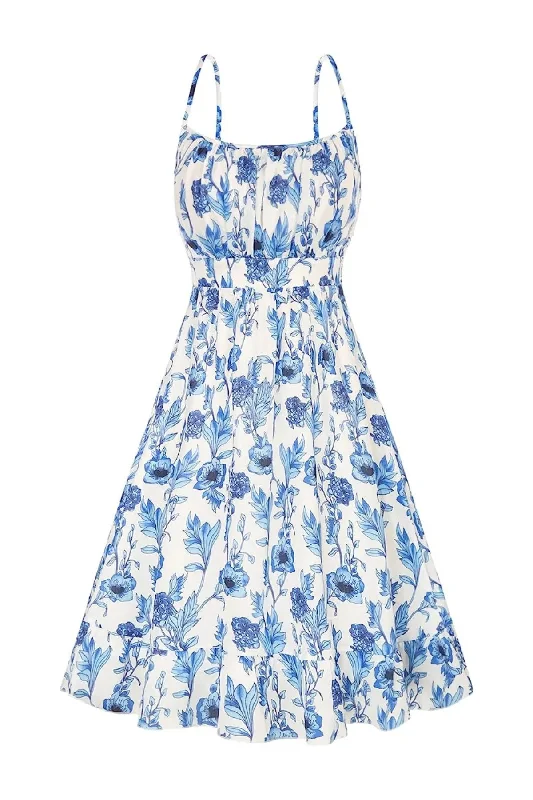 Amalfi Floral Flare Mini Dress - White/Blue Trendy Bodycon Mini Dress