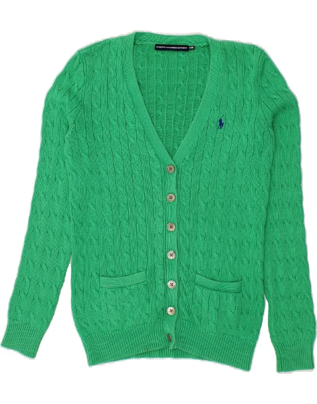 RALPH LAUREN Womens Cardigan Sweater UK 12 Medium Green Solid Print Embellished