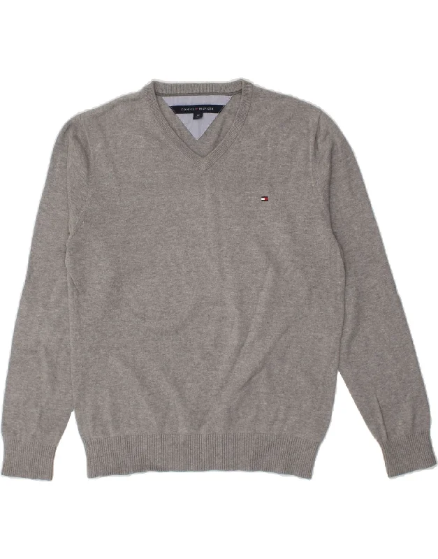 TOMMY HILFIGER Mens V-Neck Jumper Sweater Small Grey Cotton Fitted Loose Oversized