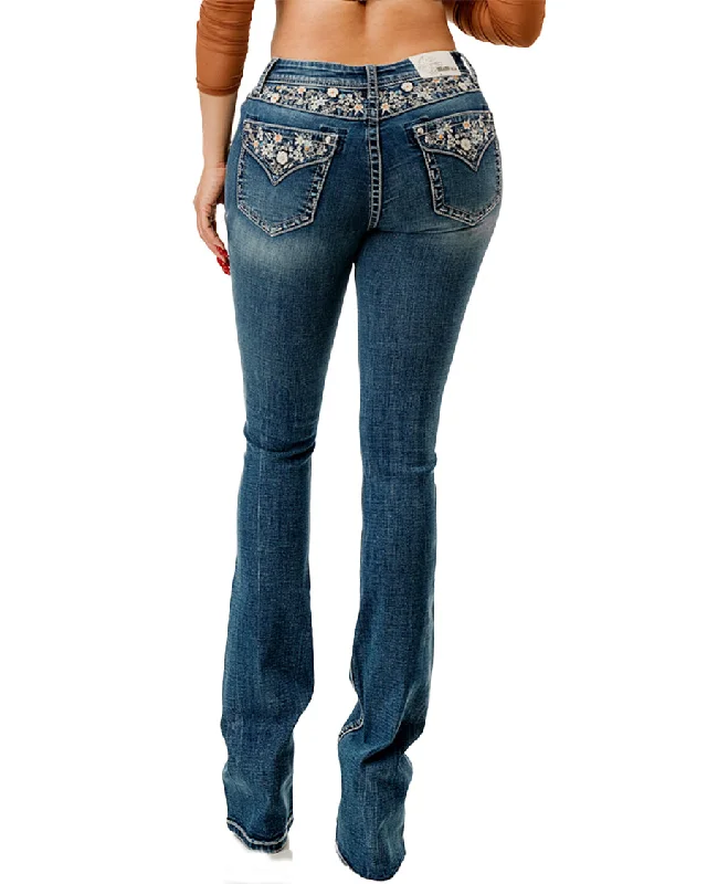 Women's Embroidered Floral Yoke Boot Cut Jeans Cozy Tencel Blend Denim Jeans