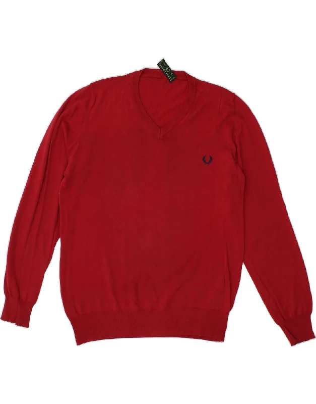 FRED PERRY Mens V-Neck Jumper Sweater Large Red Cotton Bright Pastel Dark