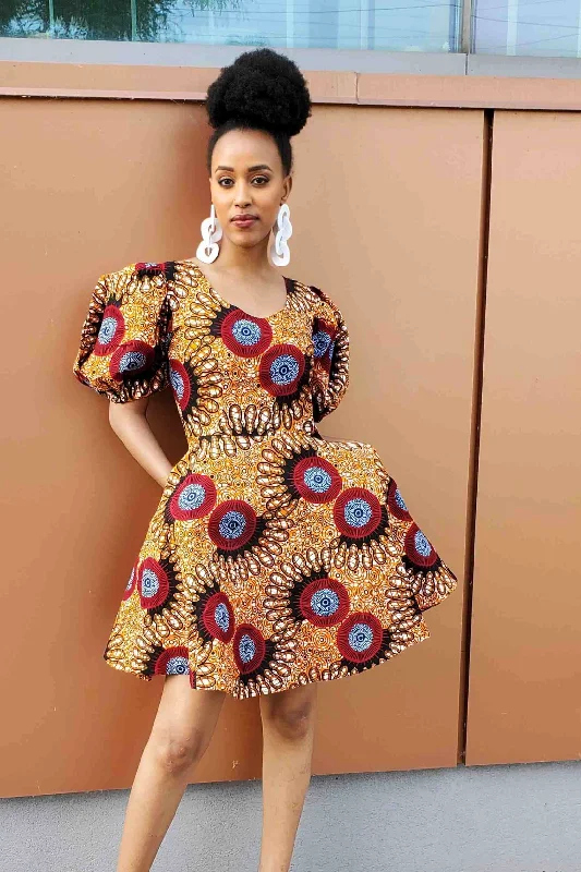 KEMI African Print Mini Dress (Puff Sleeves) Chic Tropical Mini Dress