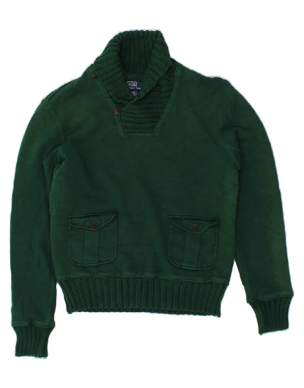 POLO RALPH LAUREN Mens Shawl Neck Jumper Sweater Small Green Cotton Satin Blend Silk Blend Wool Blend