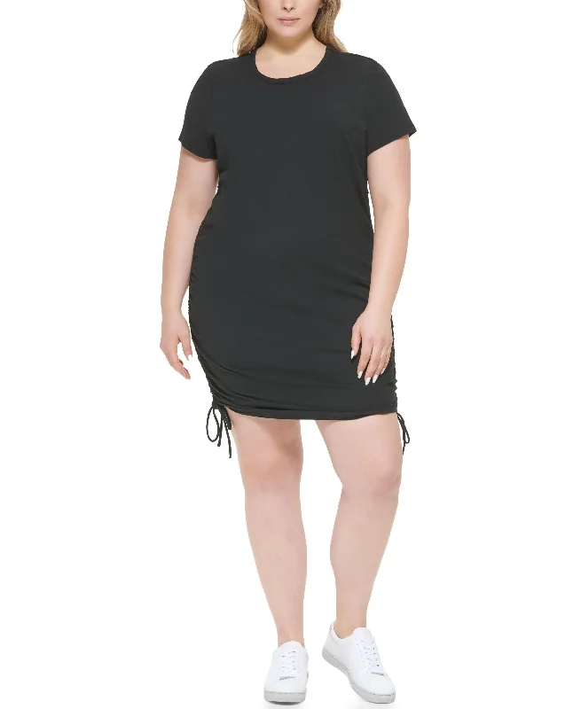 Calvin Klein Jeans Trendy Plus Size Short Sleeve Side Cinched Dress Stylish Slim Fit Denim