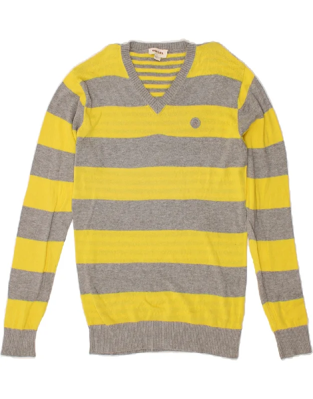 DIESEL Mens V-Neck Jumper Sweater Medium Yellow Striped Boxy Sweater Fitted Sweater A-Line