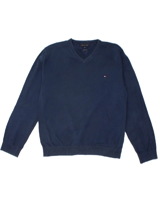 TOMMY HILFIGER Mens V-Neck Jumper Sweater 2XL Navy Blue Cotton Real Fur Shearling Chenille