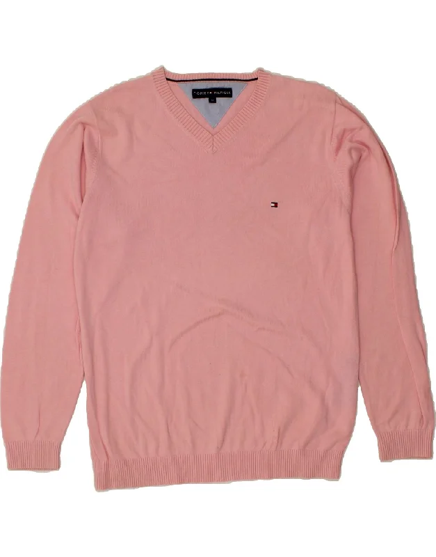 TOMMY HILFIGER Mens V-Neck Jumper Sweater Medium Pink Cotton Fitted Slim Tailored