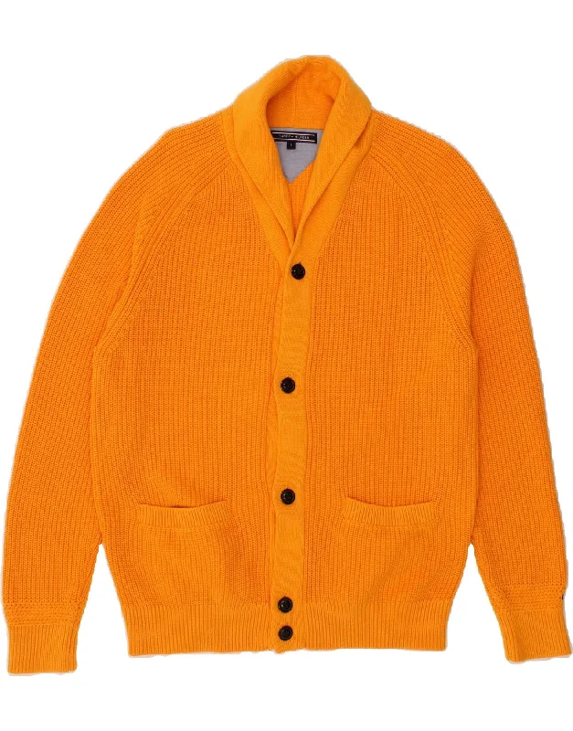 TOMMY HILFIGER Mens Cardigan Sweater Large Orange Cotton Long Sweater Short Sweater Cropped Sweater