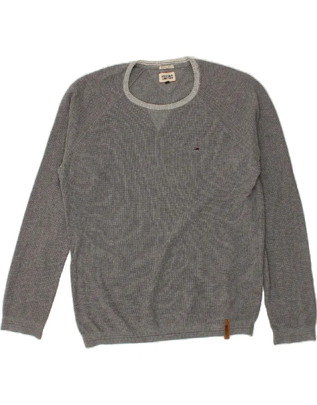 TOMMY HILFIGER Mens Crew Neck Jumper Sweater Large Grey Cotton Sweater Knitwear Pullover