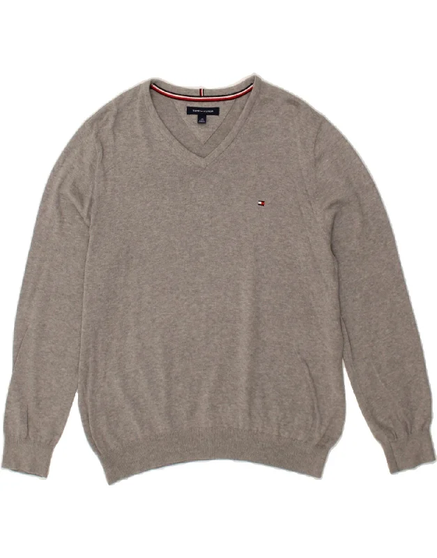 TOMMY HILFIGER Mens V-Neck Jumper Sweater Large Grey Cotton Machine Wash Dry Clean Hand Wash