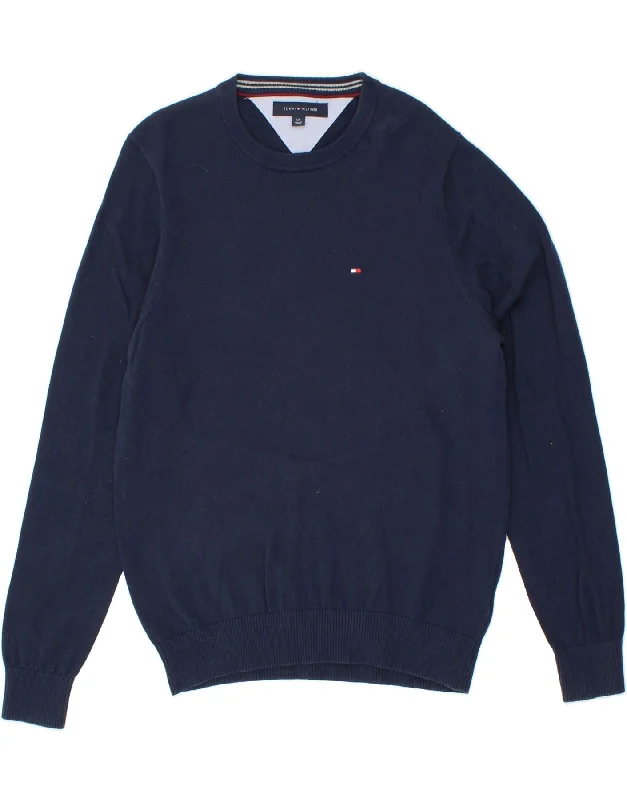 TOMMY HILFIGER Mens Crew Neck Jumper Sweater Small Navy Blue Cotton Silk Blend Satin Velvet