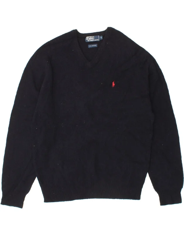 POLO RALPH LAUREN Mens V-Neck Jumper Sweater Medium Navy Blue Collared Crew Neck Turtle Neck