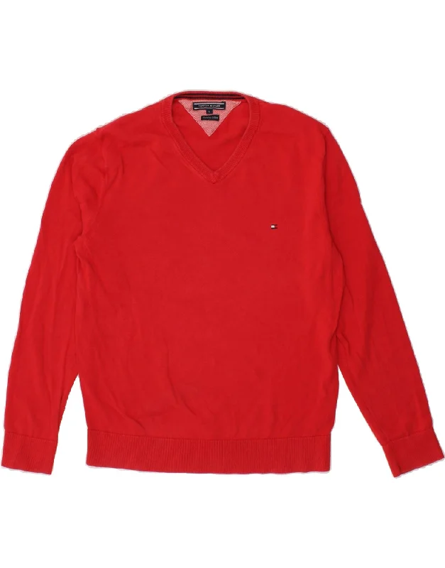 TOMMY HILFIGER Mens V-Neck Jumper Sweater Large Red Cotton Fleece Sweater Nylon Polyester