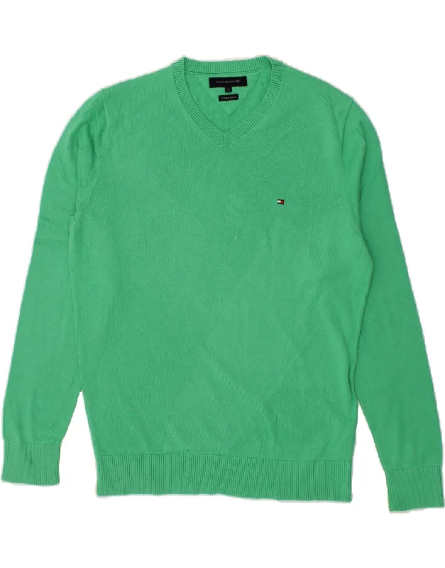 TOMMY HILFIGER Mens V-Neck Jumper Sweater Large Green Cotton Tailored Straight A-Line