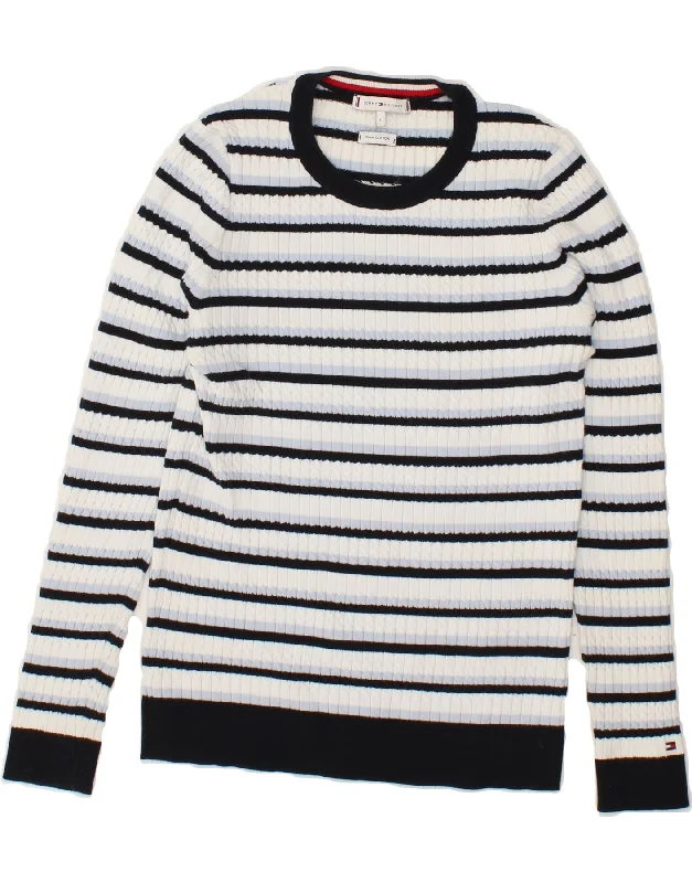 TOMMY HILFIGER Womens Boat Neck Jumper Sweater UK 16 Large White Striped Soft Cozy Warm