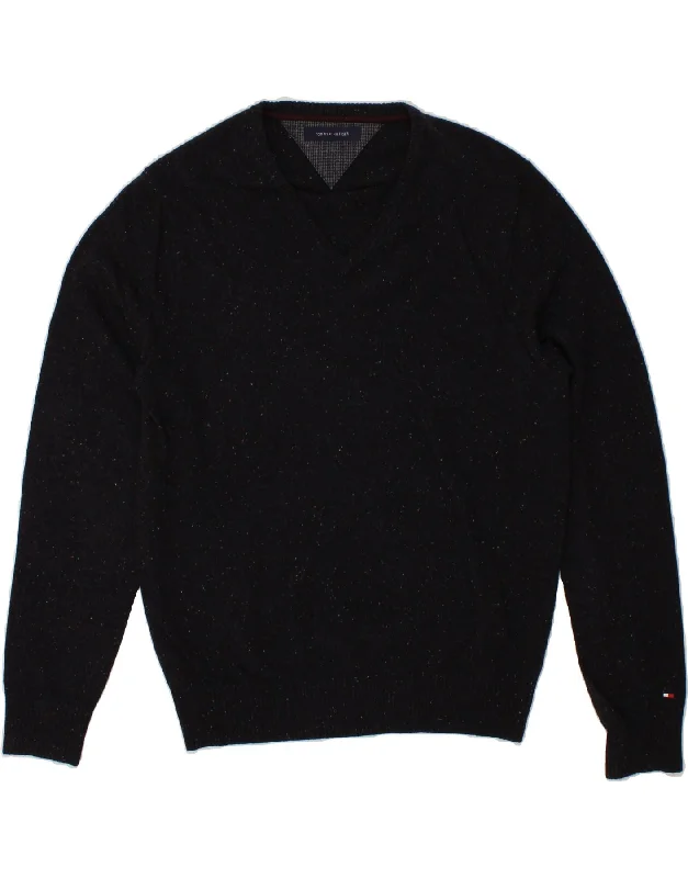 TOMMY HILFIGER Mens V-Neck Jumper Sweater Medium Navy Blue Flecked Wool Turtle Neck Boat Neck Asymmetrical Neck