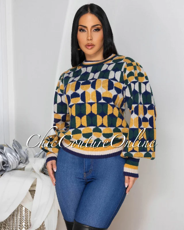 Jania Navy-Blue Yellow Jacquard Knit Sweater Modern Contemporary Chic