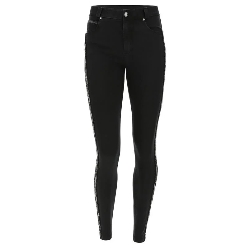 Freddy-Black-Jeans-With-An-Interwoven-Lateral-Band-In-Sequins-Black Comfortable Flare Leg Jeans