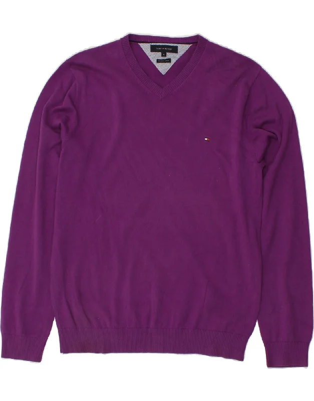 TOMMY HILFIGER Mens V-Neck Jumper Sweater XL Purple Cotton Mesh Blend Leather Blend Suede Blend