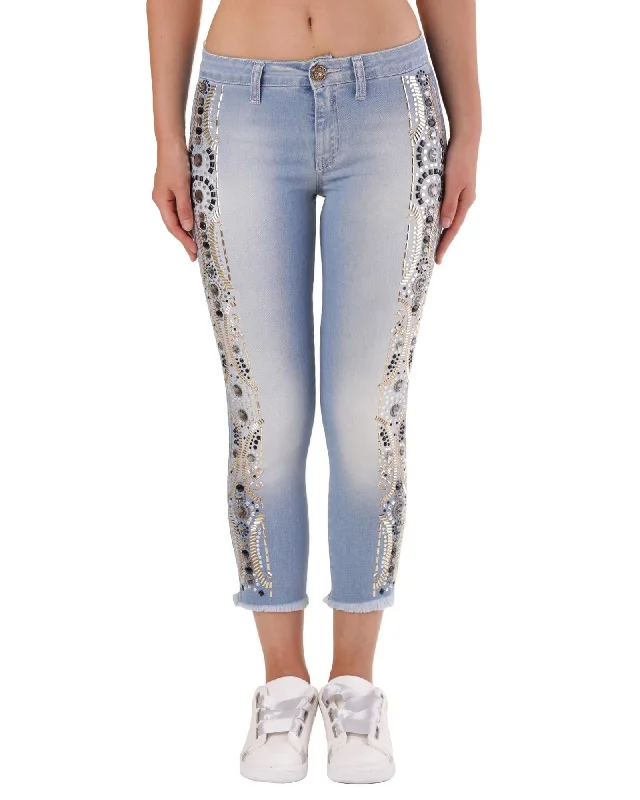 Met Womens Skinny Embellished Jeans Chic Cropped Jeans