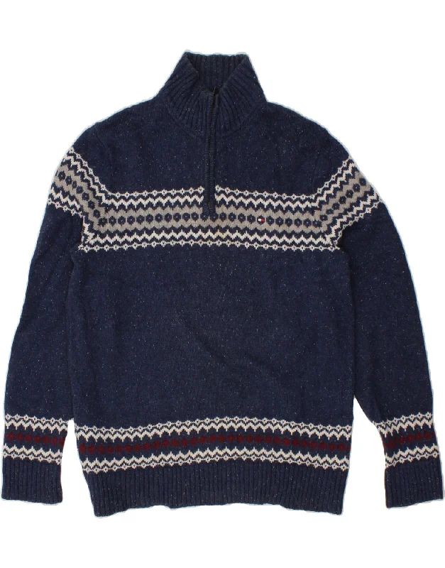 TOMMY HILFIGER Mens Zip Neck Jumper Sweater XL Navy Blue Fair Isle Cotton Seamless Knitted Crochet