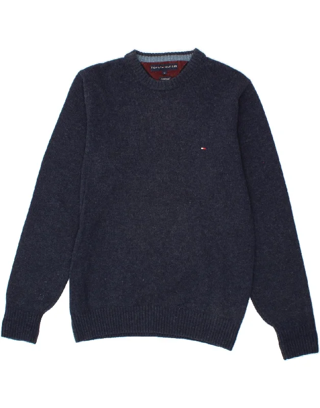 TOMMY HILFIGER Mens Crew Neck Jumper Sweater Medium Navy Blue Lambswool Polka Dot Checkered Tartan