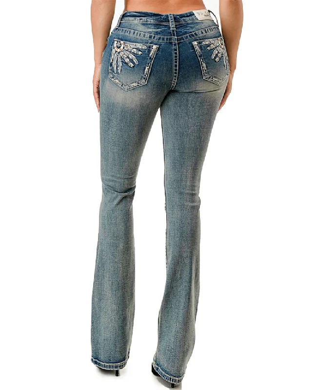 Women's Embroidered Feathers Horseshoe Boot Cut Jeans Trendy Low-Rise Bootcut Jeans