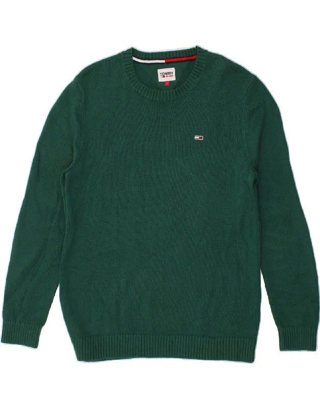 TOMMY HILFIGER Mens Boat Neck Jumper Sweater Large Green Cotton Real Fur Shearling Chenille