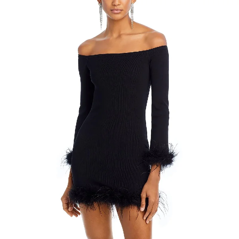 Joyce Womens Faux Feather Trim Short Mini Dress Stylish Short-Sleeve Mini Dress