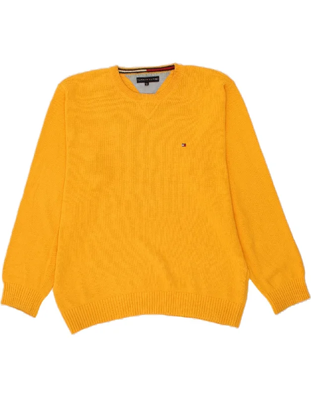 TOMMY HILFIGER Mens Crew Neck Jumper Sweater 2XL Yellow Cotton Herringbone Houndstooth Plaid