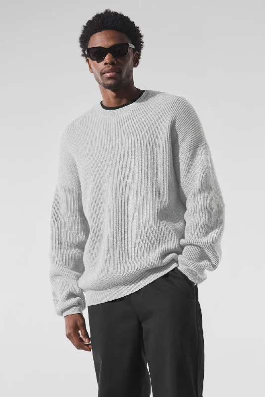 Domain Rib Knit Crew Sweater - Athletic Heather Grey Front Pockets Side Pockets Patch Pockets