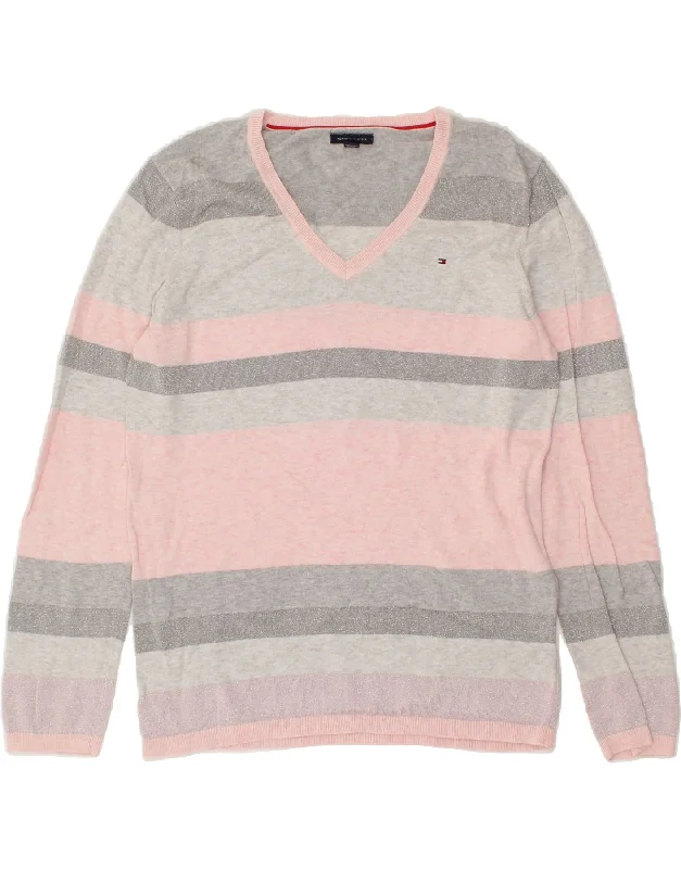 TOMMY HILFIGER Womens V-Neck Jumper Sweater UK 16 Large Pink Striped Long Sweater Short Sweater Cropped Sweater