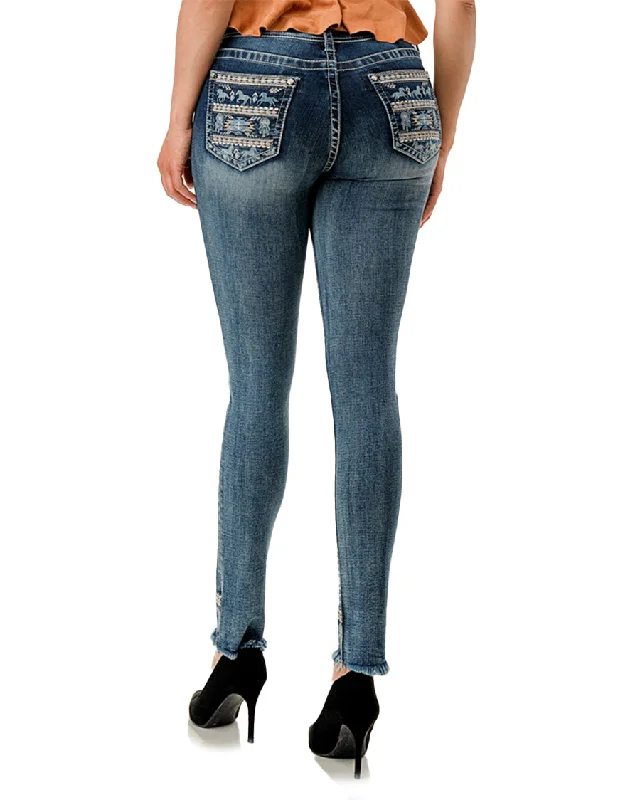 Women's Aztec Horse Embroidered Skinny Jeans Fashionable Vintage Wash Jeans