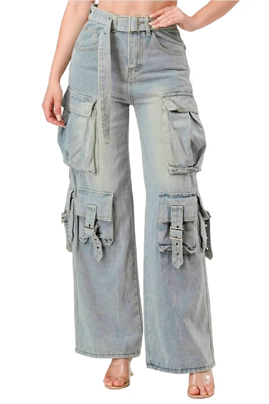 Daisy - Buckle "Denim Cargo Jeans" Cozy Wide-Legged Jeans