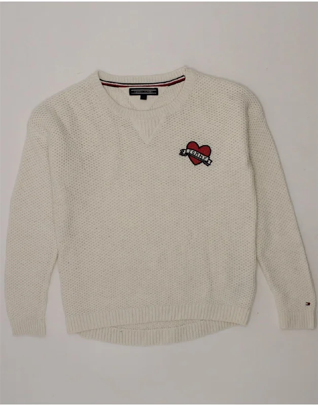 TOMMY HILFIGER Girls Boat Neck Jumper Sweater 7-8 Years White Cotton Anti-Pilling Anti-Shrink Durable