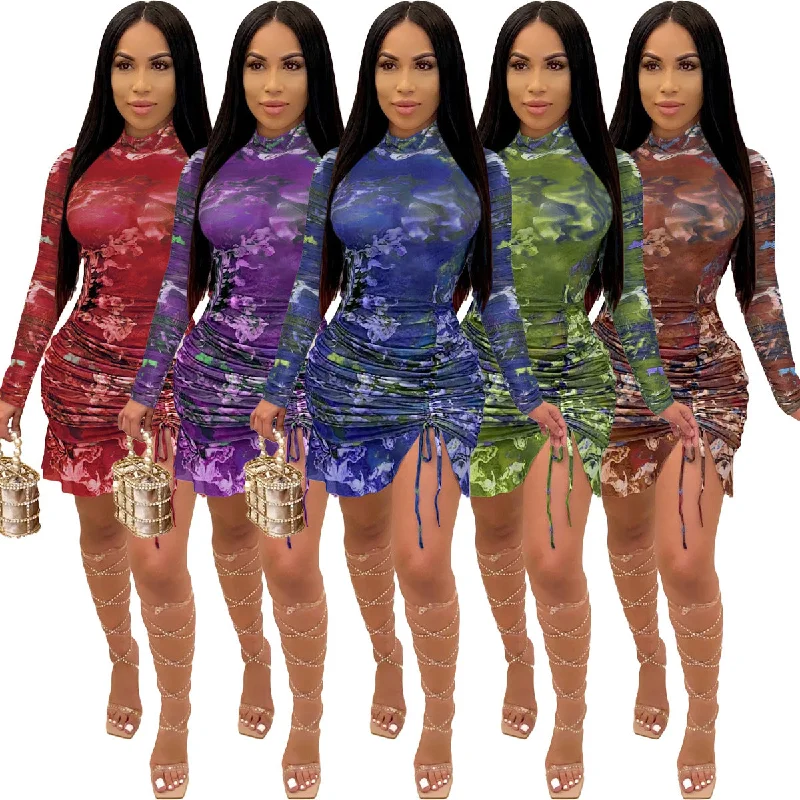 2022 summer sexy bodycon floral asymmetrical mini dress fall long sleeve casual dresses Fashionable Mini Dress with Frills