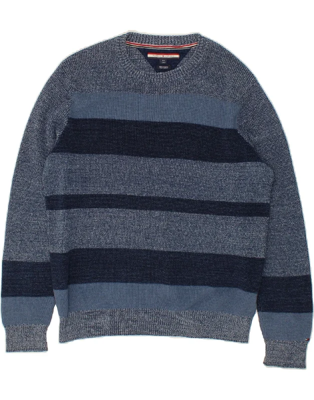 TOMMY HILFIGER Mens Crew Neck Jumper Sweater Large Navy Blue Striped Glossy Satin Silk