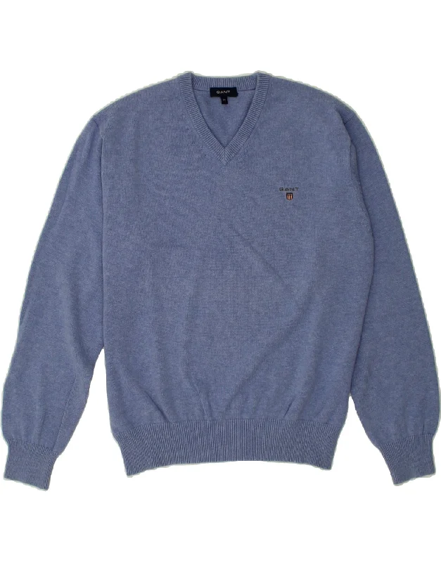 GANT Mens V-Neck Jumper Sweater Medium Blue Cotton Welt Pockets Slit Pockets Flap Pockets