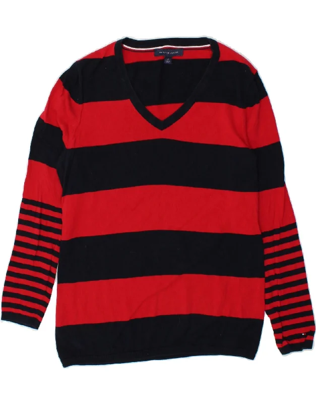 TOMMY HILFIGER Womens V-Neck Jumper Sweater UK 16 Large Red Striped Cotton Nylon Fabric Polyester Fabric Spandex Fabric