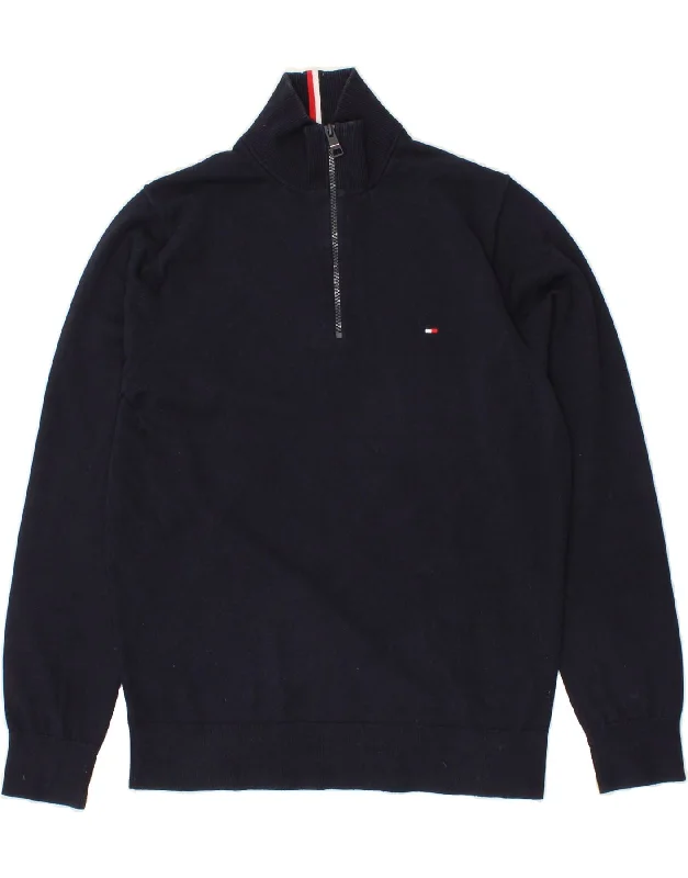 TOMMY HILFIGER Mens Zip Neck Jumper Sweater Medium Navy Blue Cotton Anti-Pilling Anti-Shrink Durable